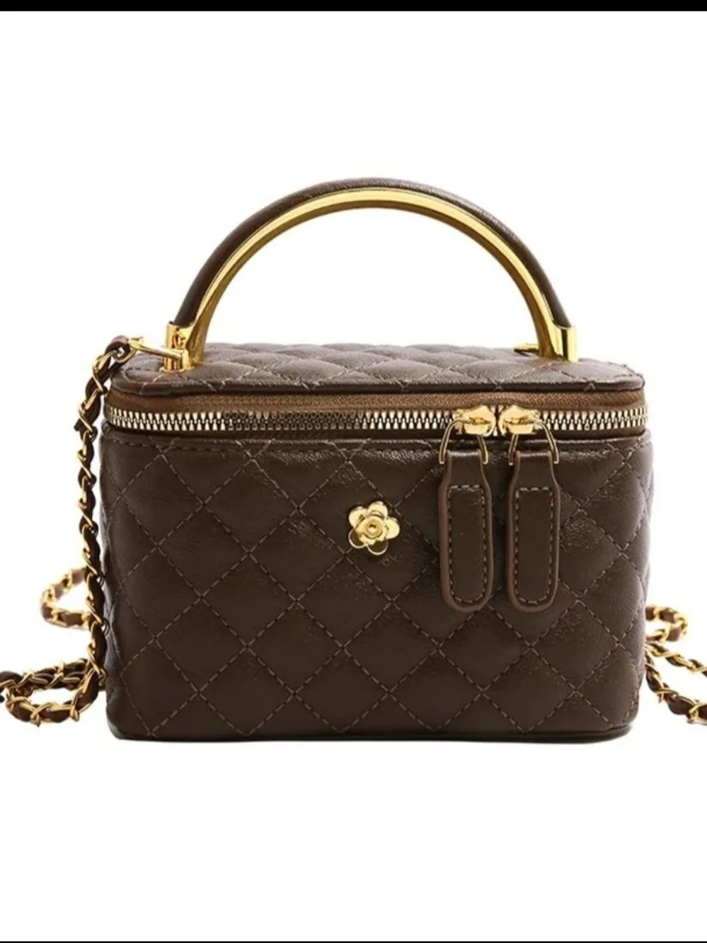 Quilted Brown Crossbody Vanity Bag with Gold Handle